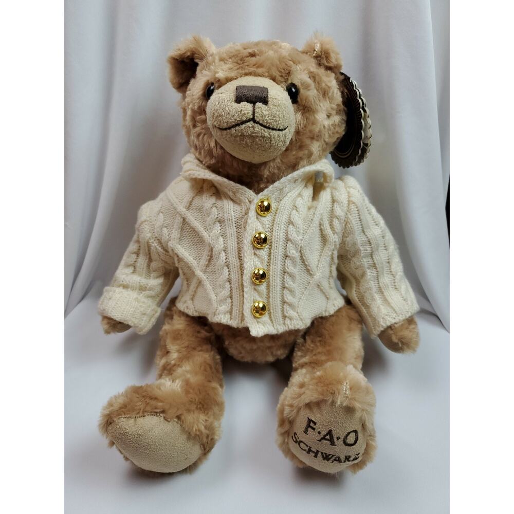 FAO Schwarz Teddy Bear 11" Anniversary Beige Plush 2017 Cardigan Sweater Tag